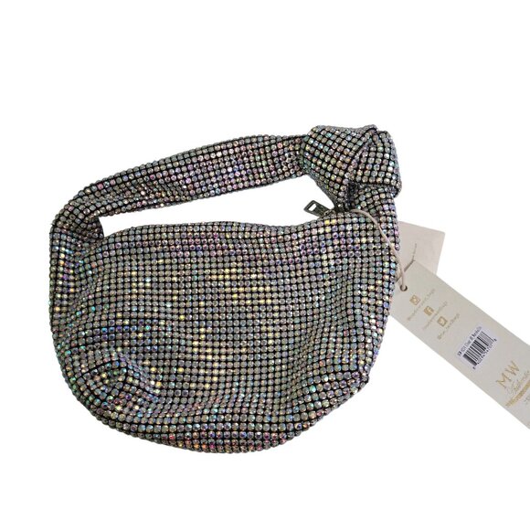 Madison West NWT Aurora Borealis Rhinestone Crystal Dumpling Bag Knot Top Handle - Picture 2 of 7